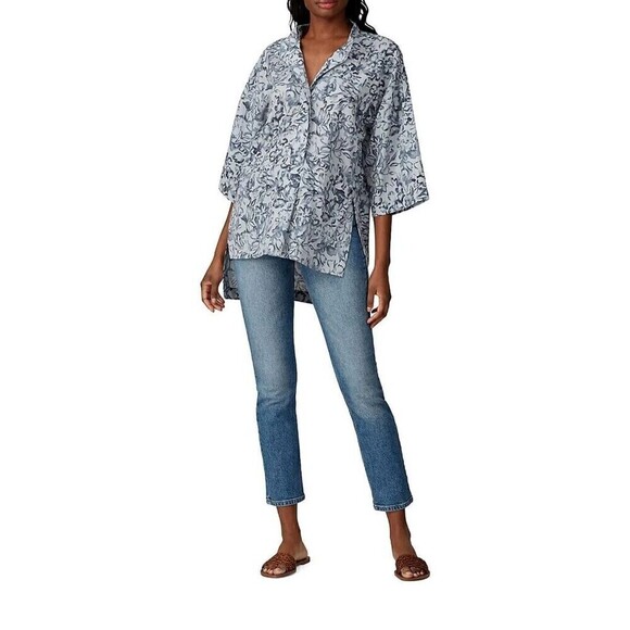 Victor Alfaro Blouse Top Collared Short Sleeve High low Shirt Gray M Floral - Picture 3 of 10